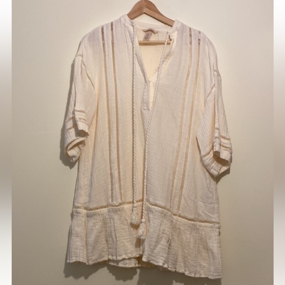 H&M Short Kaftan Dress Ivory Cotton Textured Dress Sz XS Loose Fit - Picture 7 of 10